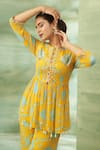 Buy_Seams Pret And Couture_Yellow Georgette Printed Thread Round Preet Peplum Tunic With Flared Pant _Online_at_Aza_Fashions