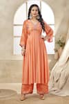 Buy_Seams Pret And Couture_Orange Fine Silk Printed Floral Veil V Neck Rahila Tunic With Pant _at_Aza_Fashions