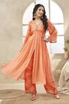 Seams Pret And Couture_Orange Fine Silk Printed Floral Veil V Neck Rahila Tunic With Pant _Online_at_Aza_Fashions