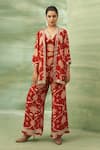 Buy_Seams Pret And Couture_Red Crepe Printed Mirror Blouse V Neck Rooibos Cape Pant Set _at_Aza_Fashions