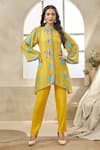 Buy_Seams Pret And Couture_Yellow Fine Silk Printed Floral Veil High Neck Zuni Asymmetric Tunic Pant Set _at_Aza_Fashions