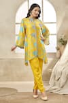 Buy_Seams Pret And Couture_Yellow Fine Silk Printed Floral Veil High Neck Zuni Asymmetric Tunic Pant Set _Online_at_Aza_Fashions