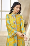 Shop_Seams Pret And Couture_Yellow Fine Silk Printed Floral Veil High Neck Zuni Asymmetric Tunic Pant Set _Online_at_Aza_Fashions