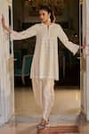 Buy_Seema Gujral_Cream Kurta And Dupatta Net Embroidered Pearl Notched Geometric Dhoti Pant Set _at_Aza_Fashions