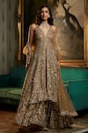 Buy_Seema Gujral_Gold Net Embroidered Sequin Plunge V High-low Jacket Kurta Sharara Set _at_Aza_Fashions