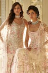 Seema Gujral_Beige Net Embroidered Sequin Square 3d Floral Pastel Kurta Sharara Set _Online