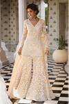 Buy_Seema Gujral_Beige Net Embroidered Pearl V-neck Cutwork Kurta Sharara Set _at_Aza_Fashions