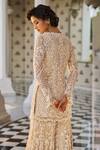 Seema Gujral_Beige Net Embroidered Pearl V-neck Cutwork Kurta Sharara Set _Online_at_Aza_Fashions