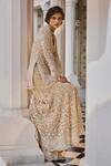 Shop_Seema Gujral_Beige Net Embroidered Pearl V-neck Cutwork Kurta Sharara Set _Online_at_Aza_Fashions