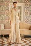 Buy_Seema Gujral_Beige Tissue Silk Embroidered Pearl V-neck Paisley Thread Kurta Set _at_Aza_Fashions