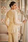 Seema Gujral_Beige Tissue Silk Embroidered Pearl V-neck Paisley Thread Kurta Set _Online_at_Aza_Fashions