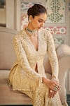 Shop_Seema Gujral_Beige Tissue Silk Embroidered Pearl Paisley Thread Jacket Kurta Sharara Set _Online_at_Aza_Fashions