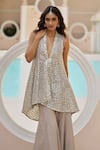 Buy_Seema Gujral_Silver Kurta And Dupatta Net Embroidered Mirror High-low Jacket Sharara Set _Online_at_Aza_Fashions