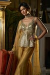 Buy_Seema Gujral_Gold Kurta And Dupatta Net Embroidered Mirror Sweetheart Peplum Sharara Set _Online_at_Aza_Fashions