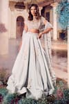 Buy_Swish By Dolcy And Simran_Blue Crepe Embroidered Mirror V-neck Darya Floral Cluster Lehenga Set _at_Aza_Fashions