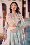 Swish By Dolcy And Simran_Blue Crepe Embroidered Mirror V-neck Darya Floral Cluster Lehenga Set _Online_at_Aza_Fashions