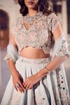 Shop_Swish By Dolcy And Simran_Blue Crepe Embroidered Mirror V-neck Darya Floral Cluster Lehenga Set _Online_at_Aza_Fashions