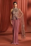 Buy_Adaara Couture_Pink Net Embroidery Sequin Halter Neck Blush Peplum Saree Gown _at_Aza_Fashions