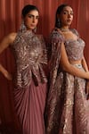 Adaara Couture_Pink Net Embroidery Sequin Halter Neck Blush Peplum Saree Gown _Online_at_Aza_Fashions