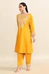 Sheetal Batra_Yellow Silk Embroidery Geometric Notched Neck Yoke Kurta With Pant _at_Aza_Fashions