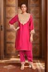 Buy_Sheetal Batra_Pink Silk Embroidery Floral Notched Neck Gota Patti Kurta With Pant _at_Aza_Fashions