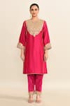 Buy_Sheetal Batra_Pink Silk Embroidery Floral Notched Neck Gota Patti Kurta With Pant _Online_at_Aza_Fashions