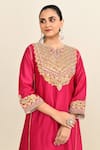 Sheetal Batra_Pink Silk Embroidery Floral Notched Neck Gota Patti Kurta With Pant _at_Aza_Fashions