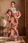 Buy_Archana Shah_Blue Print Floral Moroccan Round Neck Kaftan _at_Aza_Fashions