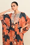 Shop_Archana Shah_Blue Print Floral Moroccan Round Neck Kaftan 