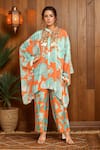 Buy_Archana Shah_Orange Print Floral Moroccan Mandarin Collar Kaftan With Pant _at_Aza_Fashions