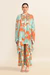 Buy_Archana Shah_Orange Print Floral Moroccan Mandarin Collar Kaftan With Pant _Online_at_Aza_Fashions