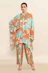 Buy_Archana Shah_Orange Print Floral Moroccan Mandarin Collar Kaftan With Pant 