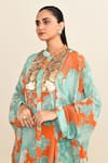 Archana Shah_Orange Print Floral Moroccan Mandarin Collar Kaftan With Pant _Online