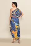 Shop_Saaksha & Kinni_Blue Print Abstract Floral Asymmetric Neck One Shoulder Dress _at_Aza_Fashions