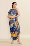 Saaksha & Kinni_Blue Print Abstract Floral Asymmetric Neck One Shoulder Dress _at_Aza_Fashions