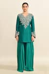 Buy_Mrunalini Rao_Green Embroidered Floral Veil Scallop V Kurta Palazzo Set _Online_at_Aza_Fashions