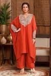 Buy_Mrunalini Rao_Orange Embroidered Floral Notched Round Paisley Motif Kaftan With Pant _at_Aza_Fashions