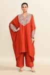 Shop_Mrunalini Rao_Orange Embroidered Floral Notched Round Paisley Motif Kaftan With Pant _Online_at_Aza_Fashions