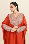 Buy_Mrunalini Rao_Orange Embroidered Floral Notched Round Paisley Motif Kaftan With Pant 