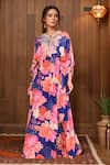 Buy_Archana Shah_Blue Embroidered Floral Round Print Kaftan _at_Aza_Fashions