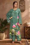 Buy_Kalista_Green Viscose Crepe Embroidered Floral V Neck Printed Kaftan With Pant _at_Aza_Fashions