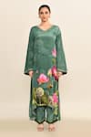 Buy_Kalista_Green Viscose Crepe Embroidered Floral V Neck Printed Kaftan With Pant _Online_at_Aza_Fashions