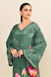 Kalista_Green Viscose Crepe Embroidered Floral V Neck Printed Kaftan With Pant _at_Aza_Fashions