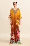 Kalista_Yellow Viscose Embroidered Floral V Neck Print Ombre Kaftan _Online_at_Aza_Fashions