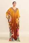 Buy_Kalista_Yellow Viscose Embroidered Floral V Neck Print Ombre Kaftan _Online_at_Aza_Fashions