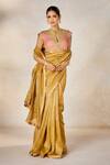 Masaba_Gold Saree Striped Tissue Embellished Dori Notched Mysore Pak With Blouse _Online