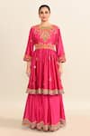 Debyani + Co_Magenta Embroidered Floral Round Peplum Kurta Sharara Set _Online