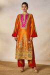 Shop_Masaba_Orange Heavy Raw Silk Embroidery Sequin Notched V The Kesari Kurta And Salwar Set 