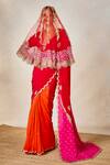 Buy_Masaba_Red Saree Pure Crepe Embroidered Jaal Plunge V The Gulab Sherbet Set With Veil _Online_at_Aza_Fashions