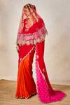 Shop_Masaba_Red Saree Pure Crepe Embroidered Jaal Plunge V The Gulab Sherbet Set With Veil _Online_at_Aza_Fashions